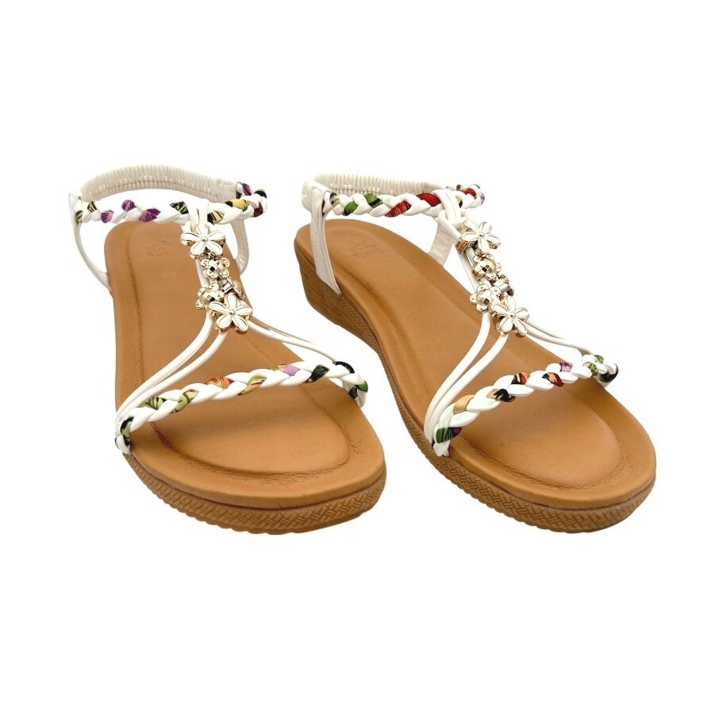 White Mountain Women's Braided Wedge Sandals Floral T-Strap Slingback Size‎ ~9